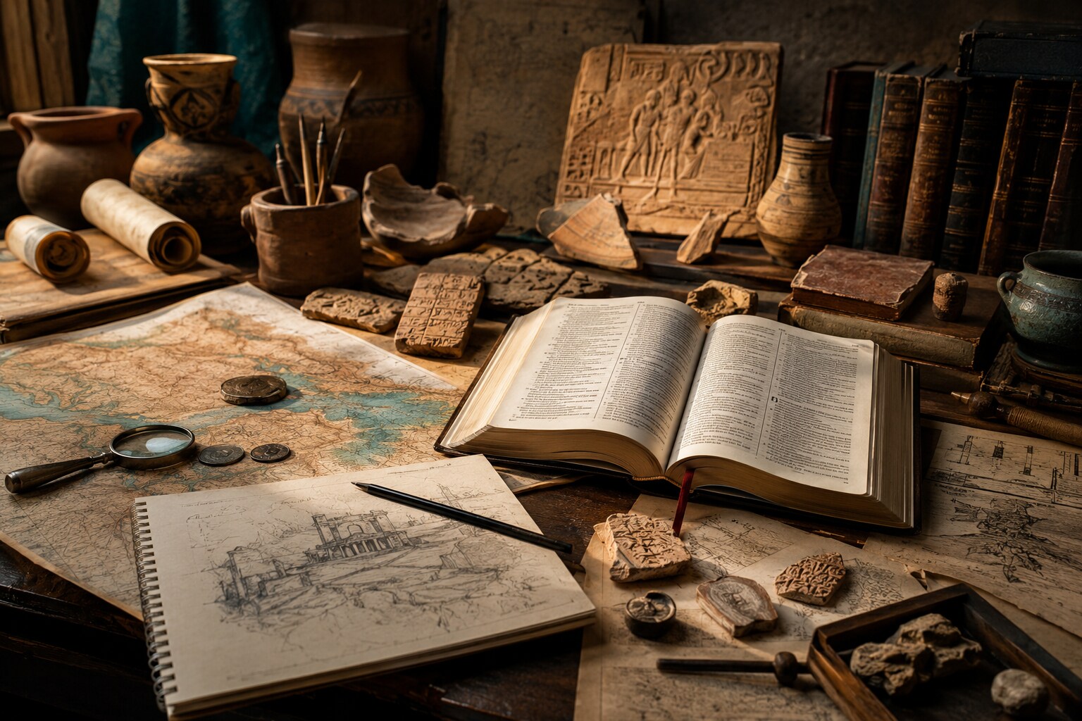Historical research workbench containing manuscript fragments, pottery, coins, maps, architectural sketches, and an open reference Bible