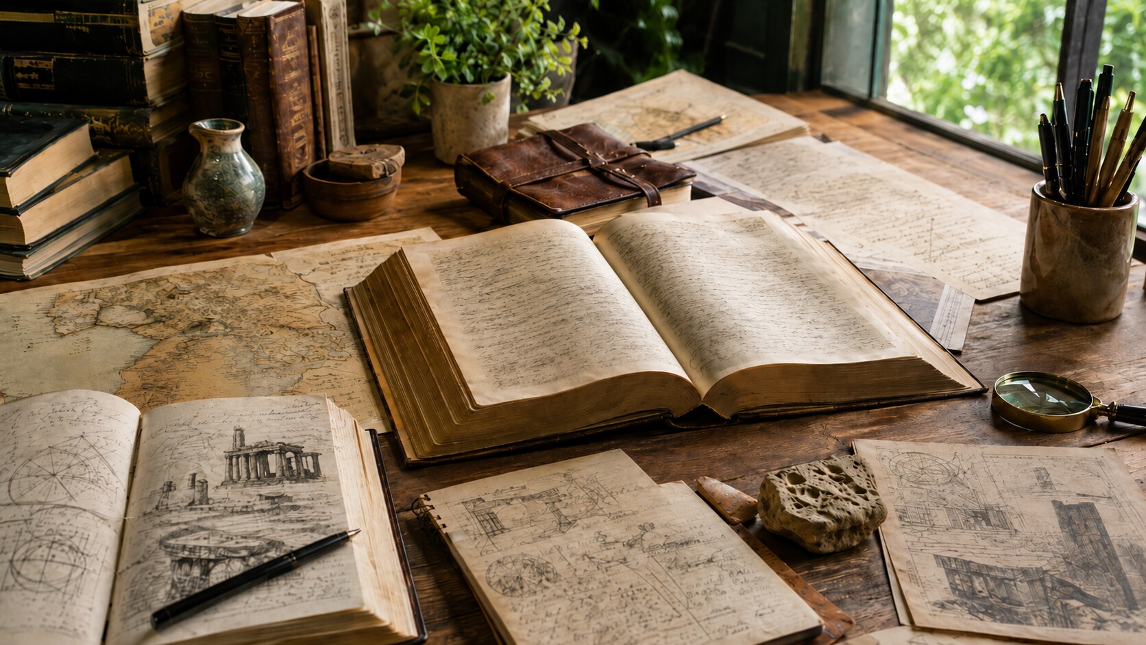 Open Bible surrounded by historical maps, study notes, language references, and research material